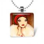 gothic woman red white glass tile 1 inch necklace or keychain