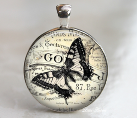 butterfly ephemera sketch drawing vintage glass necklace or keychain
