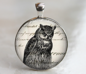 owl print vintage illustrations glass necklace or keychain