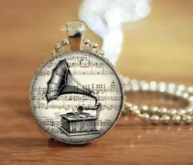 gramophone print vintage illustrations glass necklace or keychain