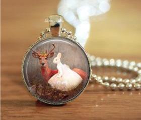human rabbit with deer in forest glass necklace keychain