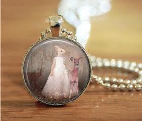 huamn rabbit and deer in forest glass necklace or keychain