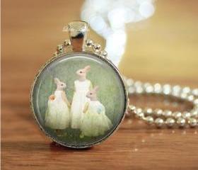 human rabbits family portrait woodland glass necklace or keychain