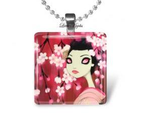 errie japanese woman glass tile 1 inch necklace or keychain