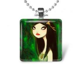 gothic woman green black glass tile 1 inch necklace or keychain