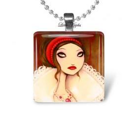 gothic woman red white glass tile 1 inch necklace or keychain