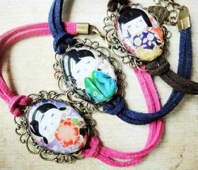 Kawaii Japanese Doll Girl Glass Color Leather Suede Antique Bracelet