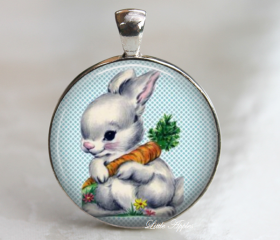 Cute easter retro rabbit with carrot blue 1 inch glass necklace or keychain