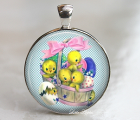 Handmade Adorable Vintage Easter Eggs Basket Chicks necklace or keychain