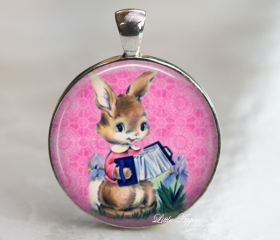 Cute Vintage Easter Brown Rabbit Playing Accordion Round Glass Necklace Keychain