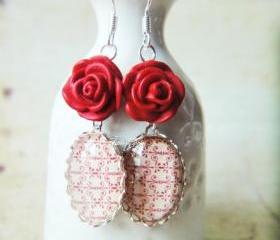 Red flower print pattern lacquer craving rose glass silver lace earrings