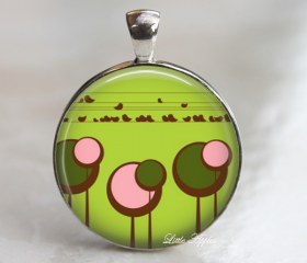 Woodland spring trees green pink trees glass necklace or keychain