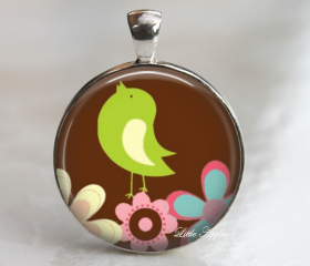 Bird spring flowers pink blue brown glass necklace or keychain