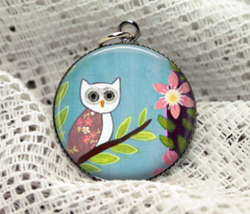 Fabric print flower owl sky blue Necklace Spring Woodland