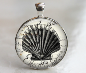seashell ephemera sketch drawing vintage glass necklace or keychain