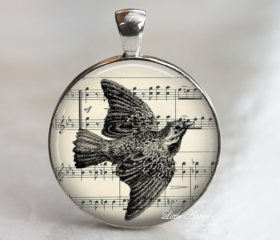 bird flying sketch drawing ephemera vintage glass necklace