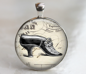 shoe heels ephemera sketch drawing vintage glass necklace or keychain