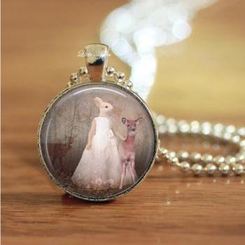 huamn rabbit and deer in forest glass necklace or keychain