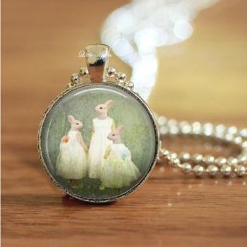human rabbits family portrait woodland glass necklace or keychain
