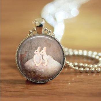 rabbit humans sisters woodland glass dome necklace or keychain