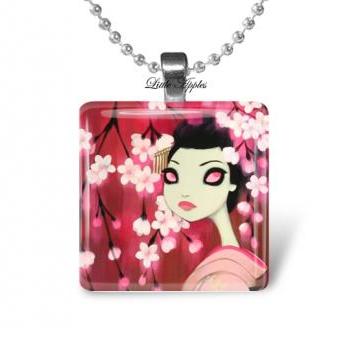 errie japanese woman glass tile 1 inch necklace or keychain