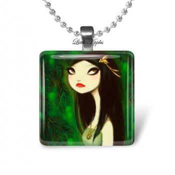 gothic woman green black glass tile 1 inch necklace or keychain