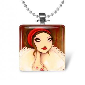 gothic woman red white glass tile 1 inch necklace or keychain